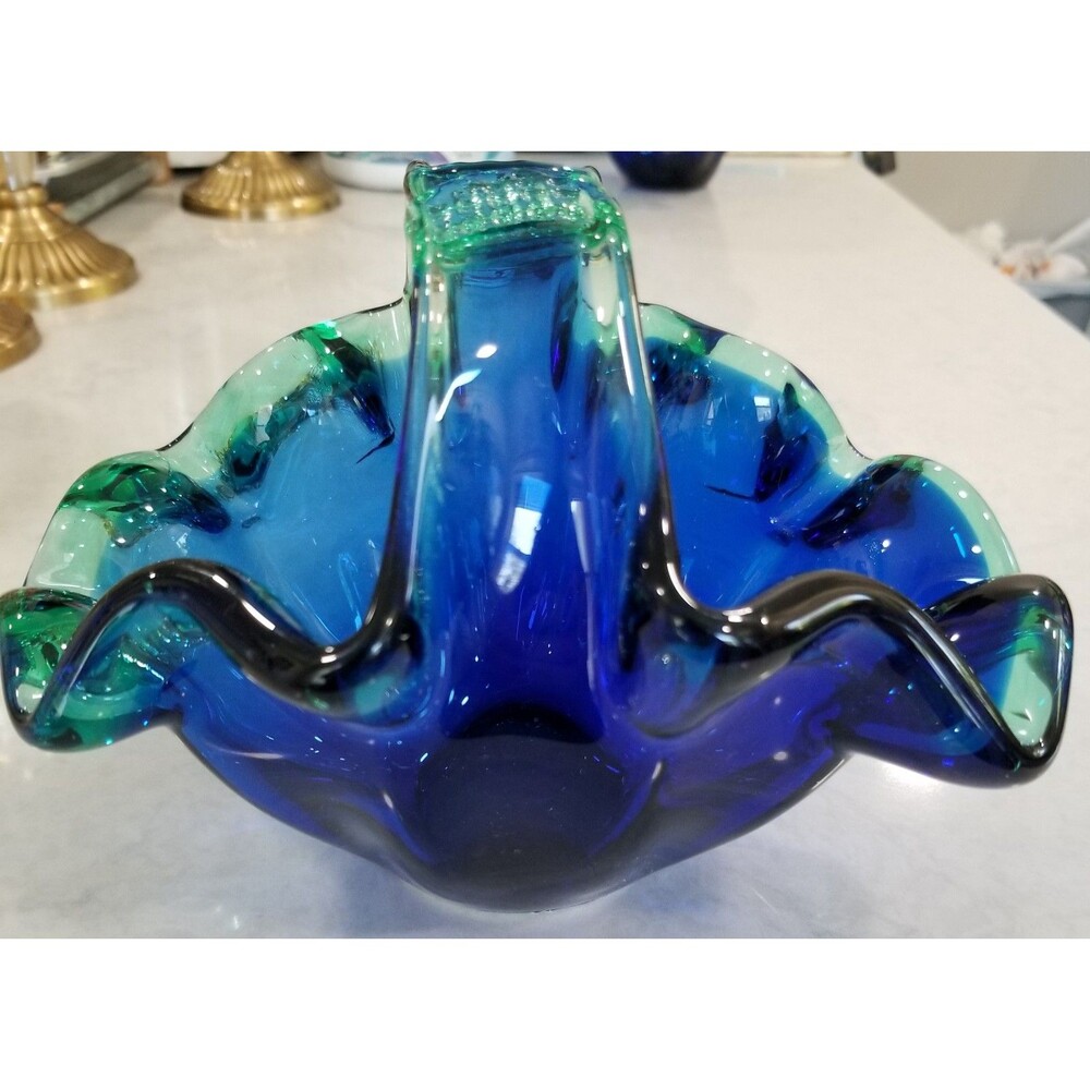 White Cristal blue Murano glass basket bowl with blue green edge vintage - Picture 2 of 9